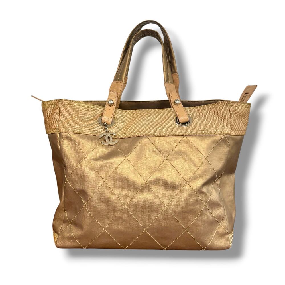 Authentic Chanel Paris Biarritz CC Large Tote Bag Gold Tan Coated Canvas Handbag
